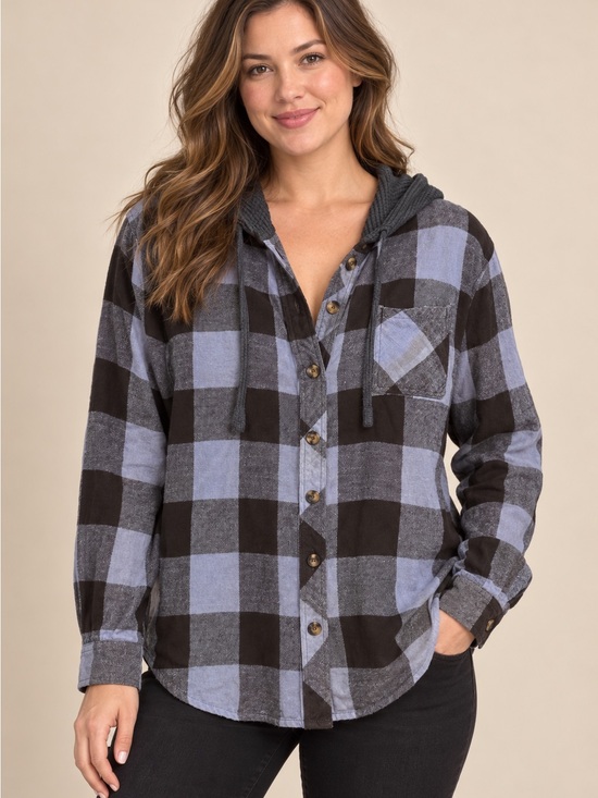 Maurices Tops - Maurices Blue & Black Plaid Hooded Button-Down Shirt